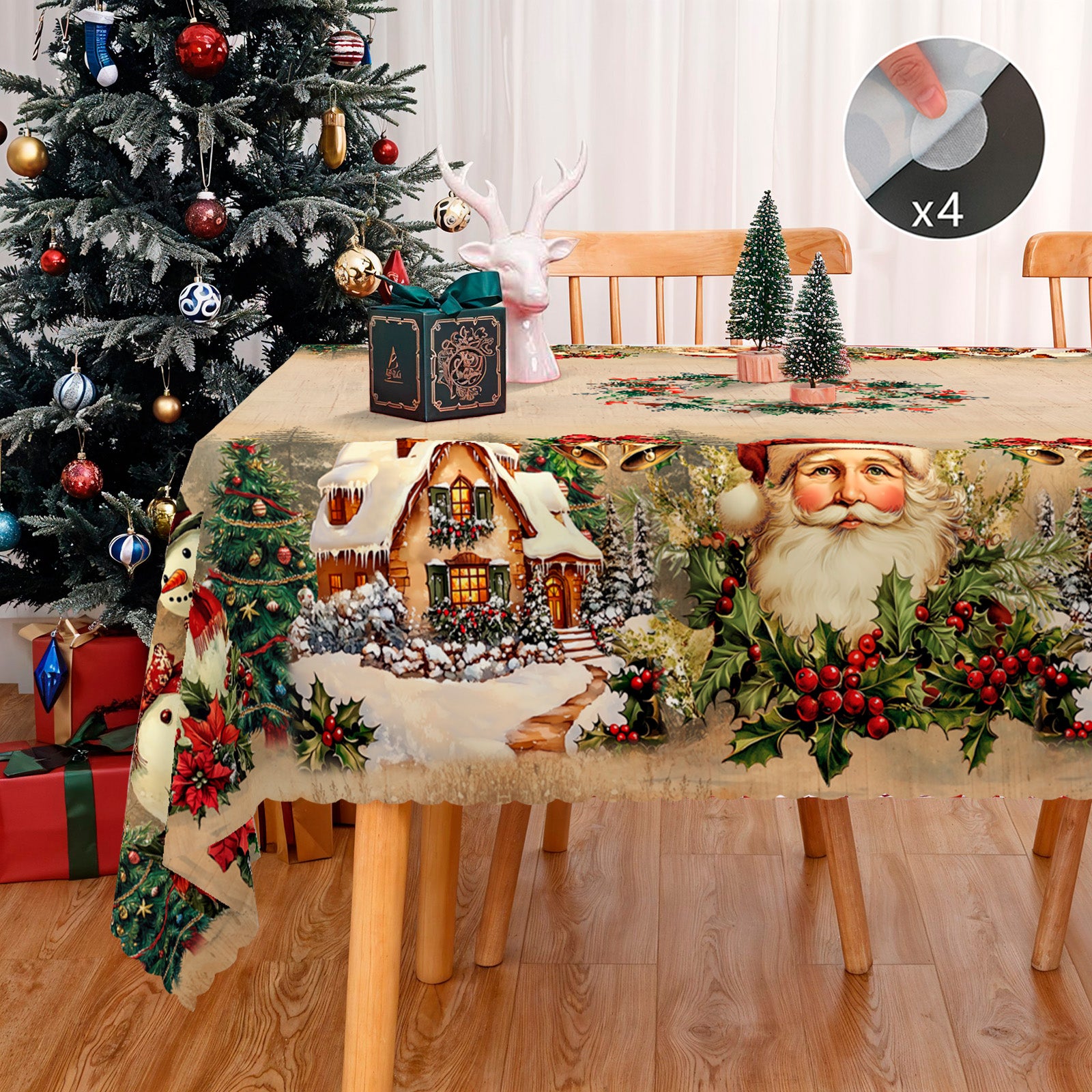 Christmas Tablecloth, Santa Claus and Christmas tree Stain-Resistant Table Cover for Dining Table Holiday Decoration