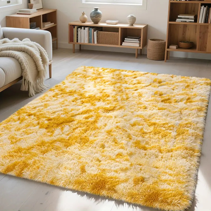 Tie-Dyed Yellow Area Rug with 4 Reusable Stickers, Soft Shaggy Non-Slip Mat for Home Decor