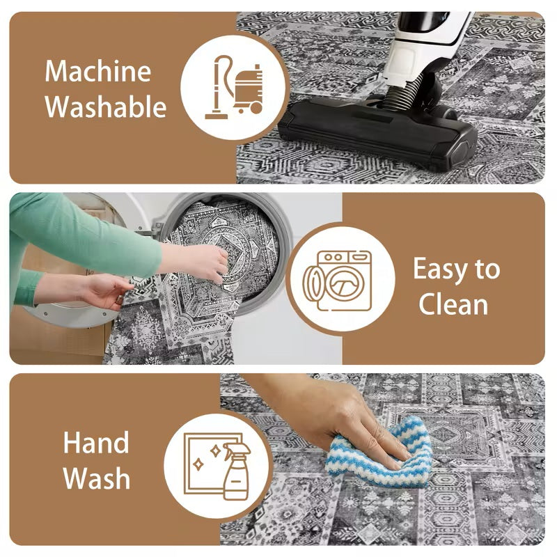 Grey Vintage Area Rug, Washable Non-Slip Boho Carpet for Living Room, Bedroom, Kitchen, Office