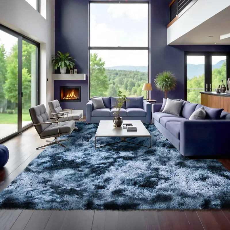 Tie-Dyed Blue Gray Shag Rug, Ultra Soft 1.7" Thick, Non-Slip Backing, 100% Polyester, Multi Sizes