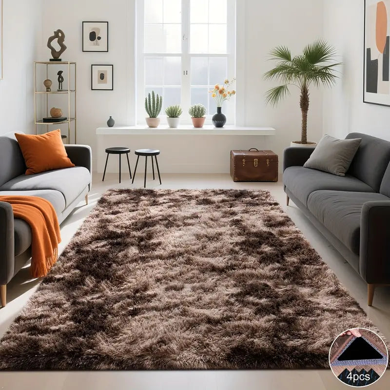 Brown Tie-Dye Shag Rug, Soft Plush Carpet with 4 Non-Slip Pads, Multiple Sizes for Bedroom or Living Room