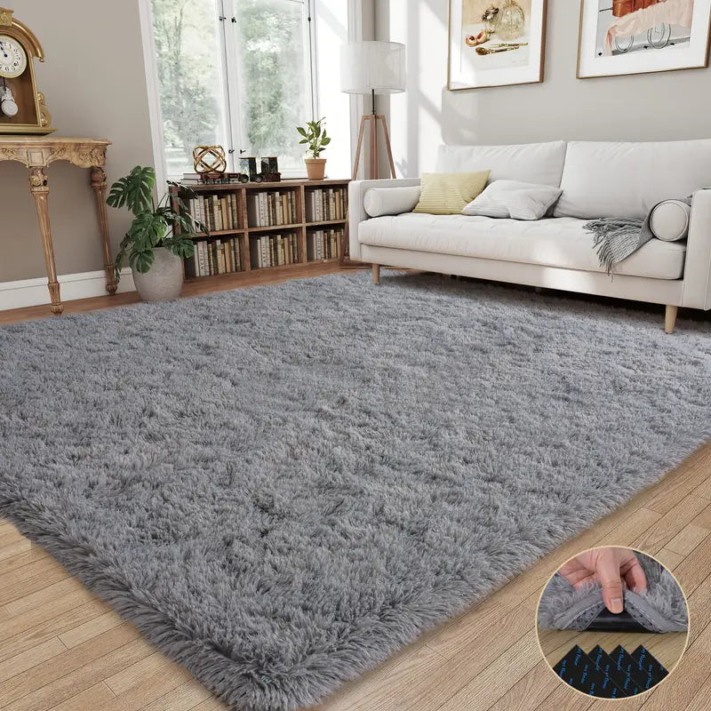 Gray Shag Area Rug, Ultra Soft 1.7" Plush, Non-Slip with Adhesive Pads, for Bedroom or Living Room