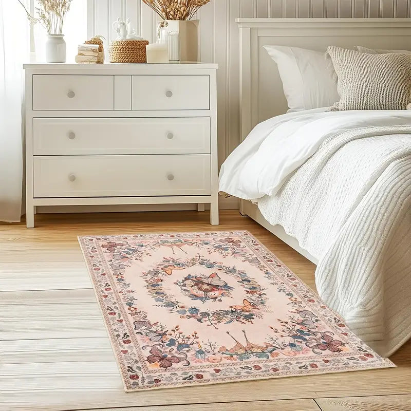 Large Beige Butterfly Floral Area Rug, Ultra-Thin Non-Slip Washable Mat for Living Room & Bedroom