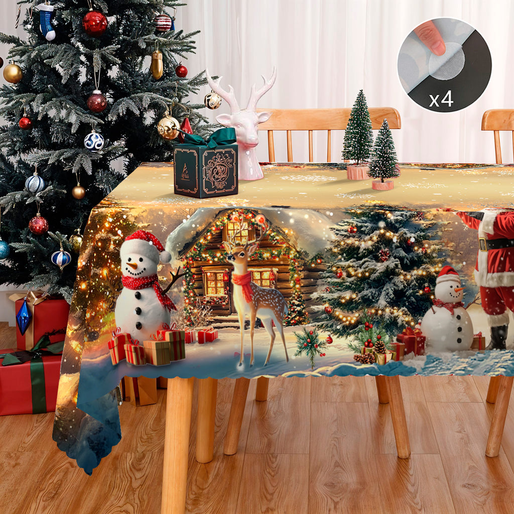 Christmas Tablecloth with Santa, Reindeer and Snowman Designs, Dustproof Dining Table Cover for Festive Holiday Decor