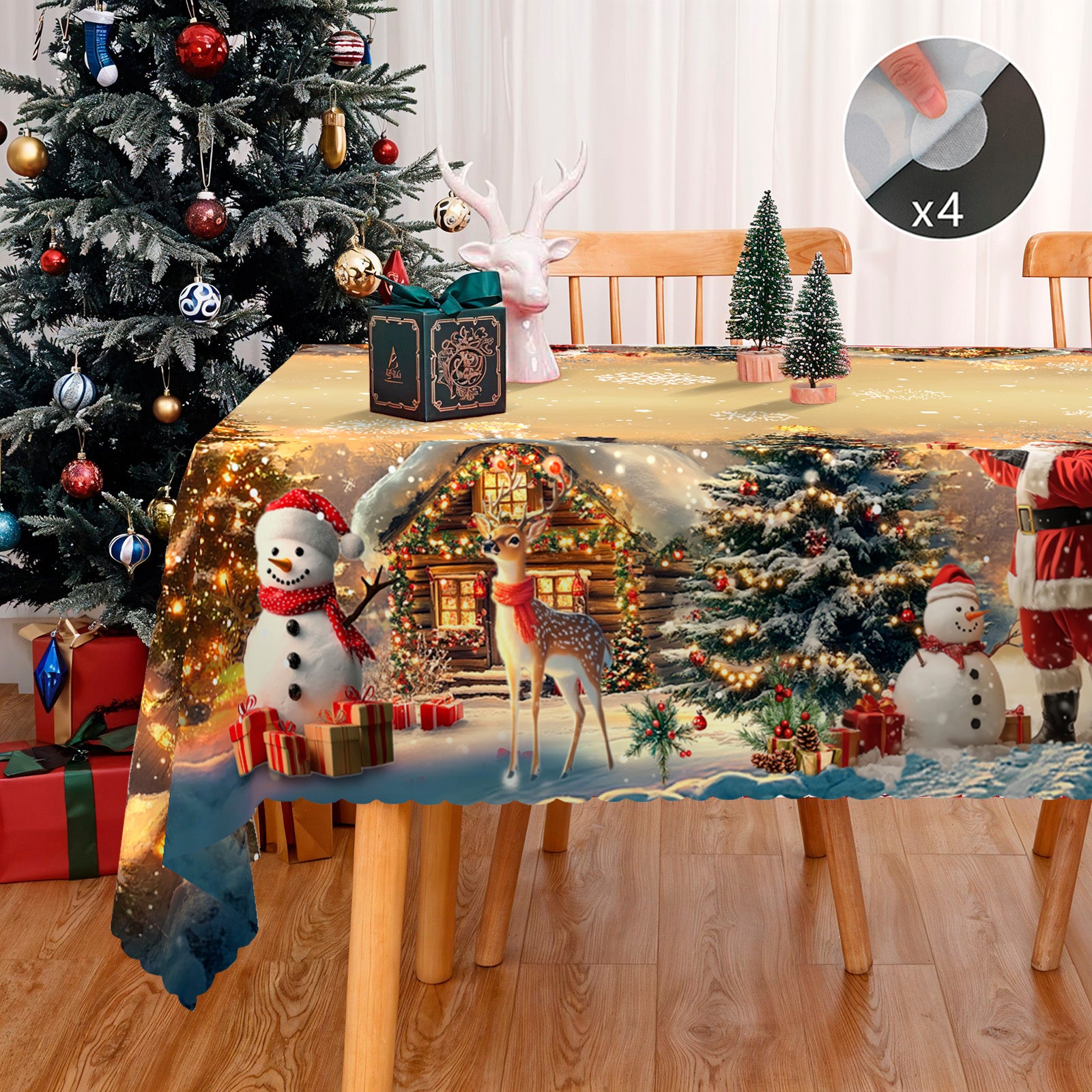 Christmas Tablecloth with Santa, Reindeer and Snowman Designs, Dustproof Dining Table Cover for Festive Holiday Decor
