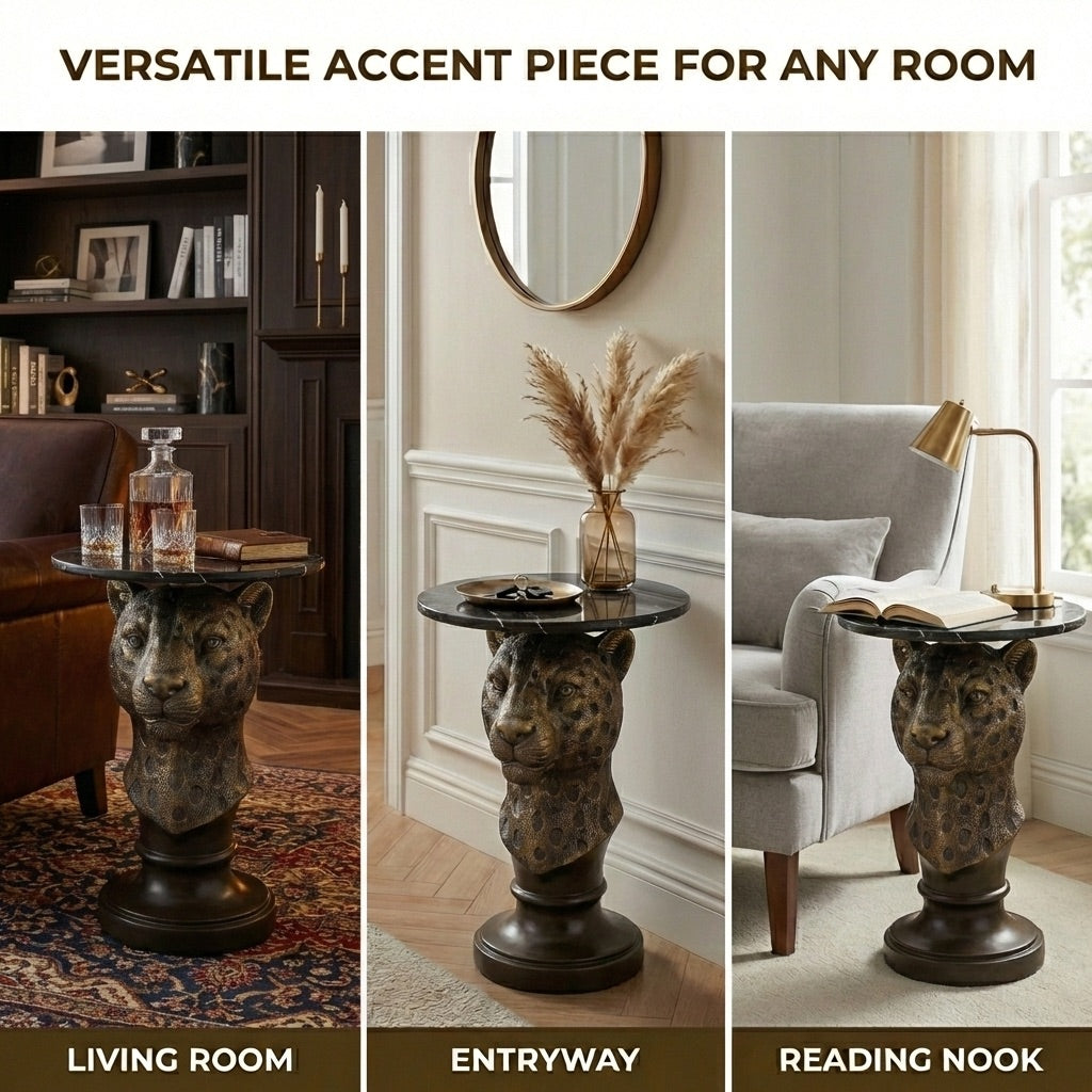 Leopard Head Accent Table, Animal Statue End Table for Living Room Home Decor