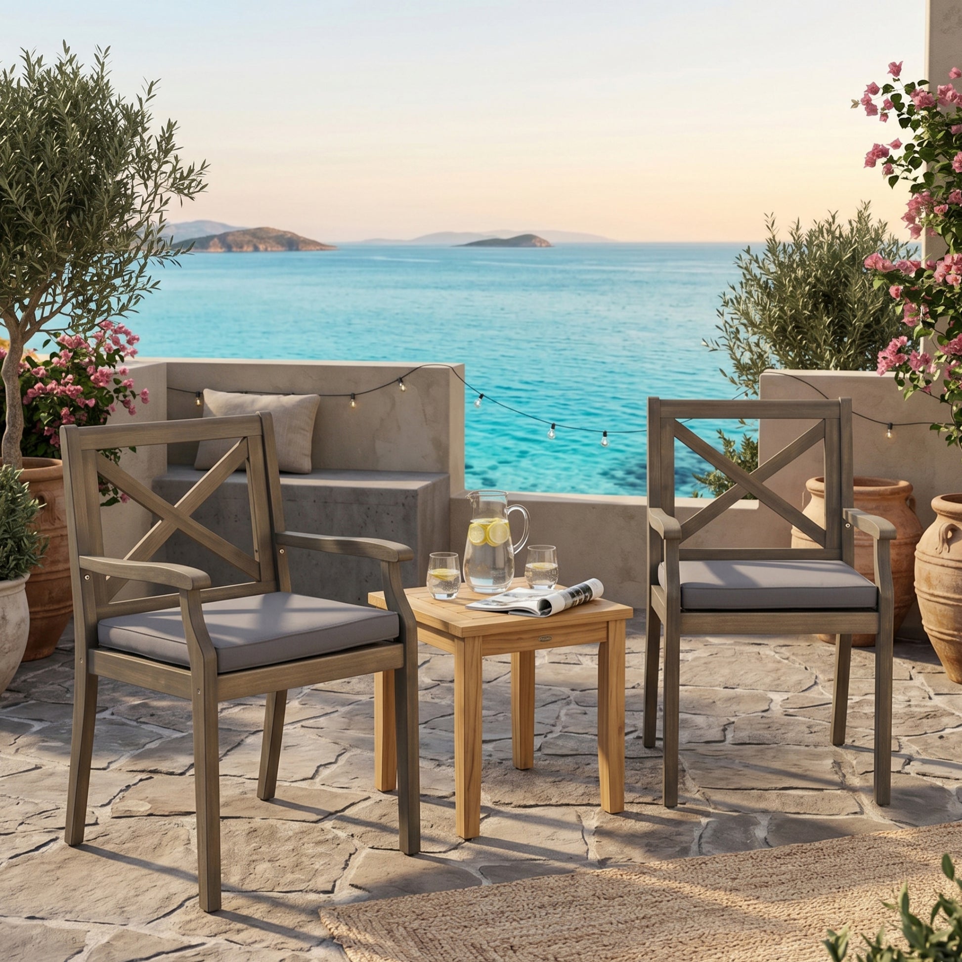 Acacia Wood Outdoor Dining Chairs with Water-Resistant Grey Cushions (Set of 2)