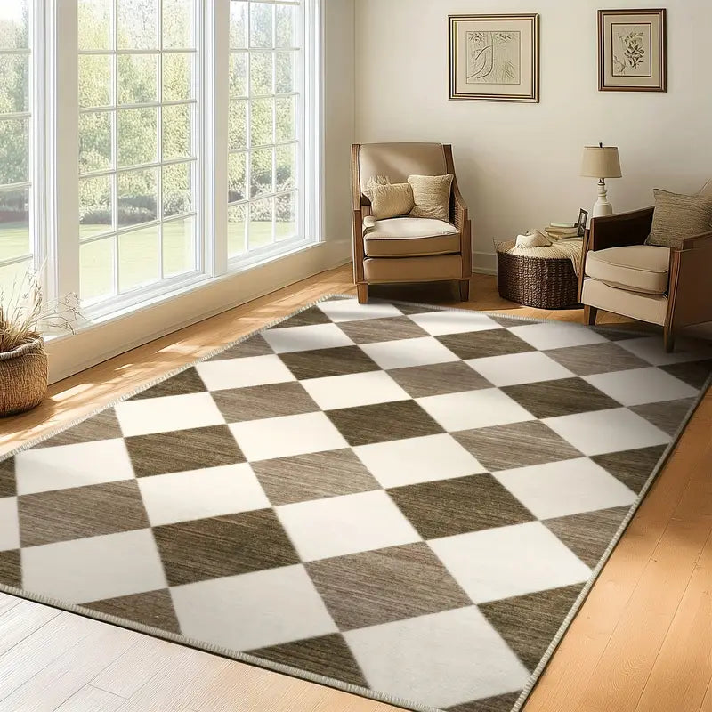 Modern Diamond Grid Beige Area Rug, Low Pile Washable Non-Slip Polyester Mat for Bedroom & Living Room
