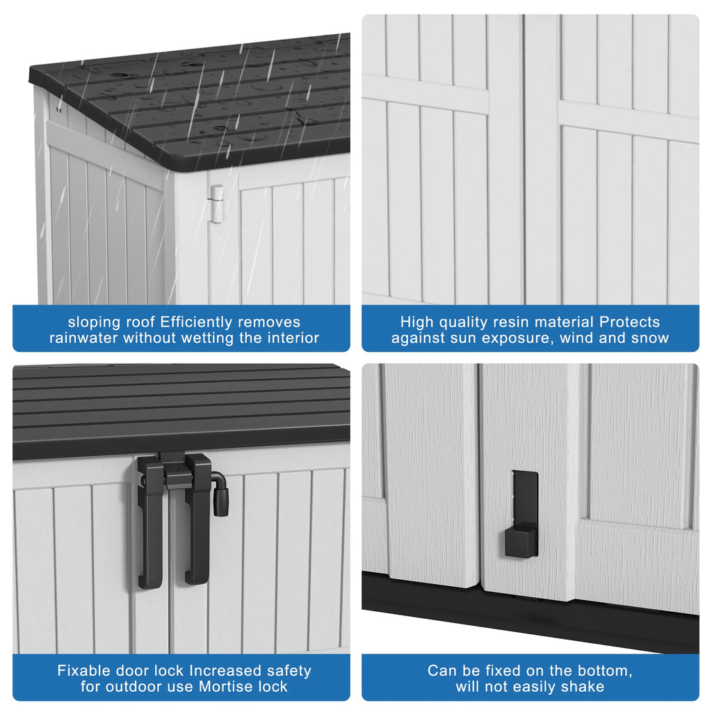 Chic Crate-Resin Tool Shed, 36 Cu Ft Waterproof Outdoor Horizontal Storage, Weather-resistant Utility Shed With Air Vent For Trash And Lockable Doors, Garden Tools （black And White）