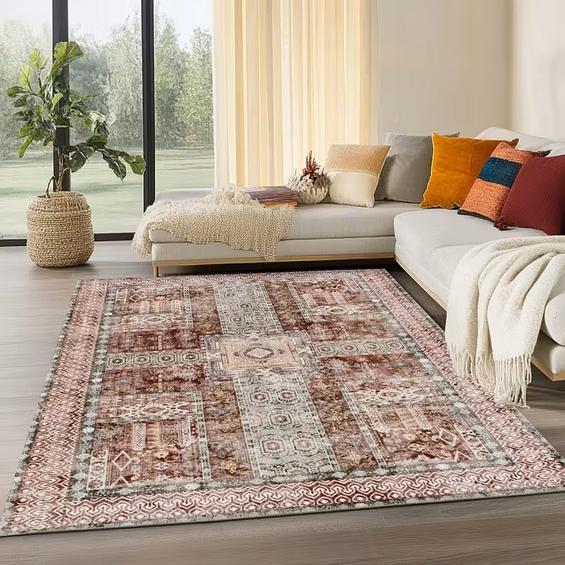 Vintage Floral Washable Area Rug, Non-Slip Low Pile Polyester Carpet for Living Room & Bedroom