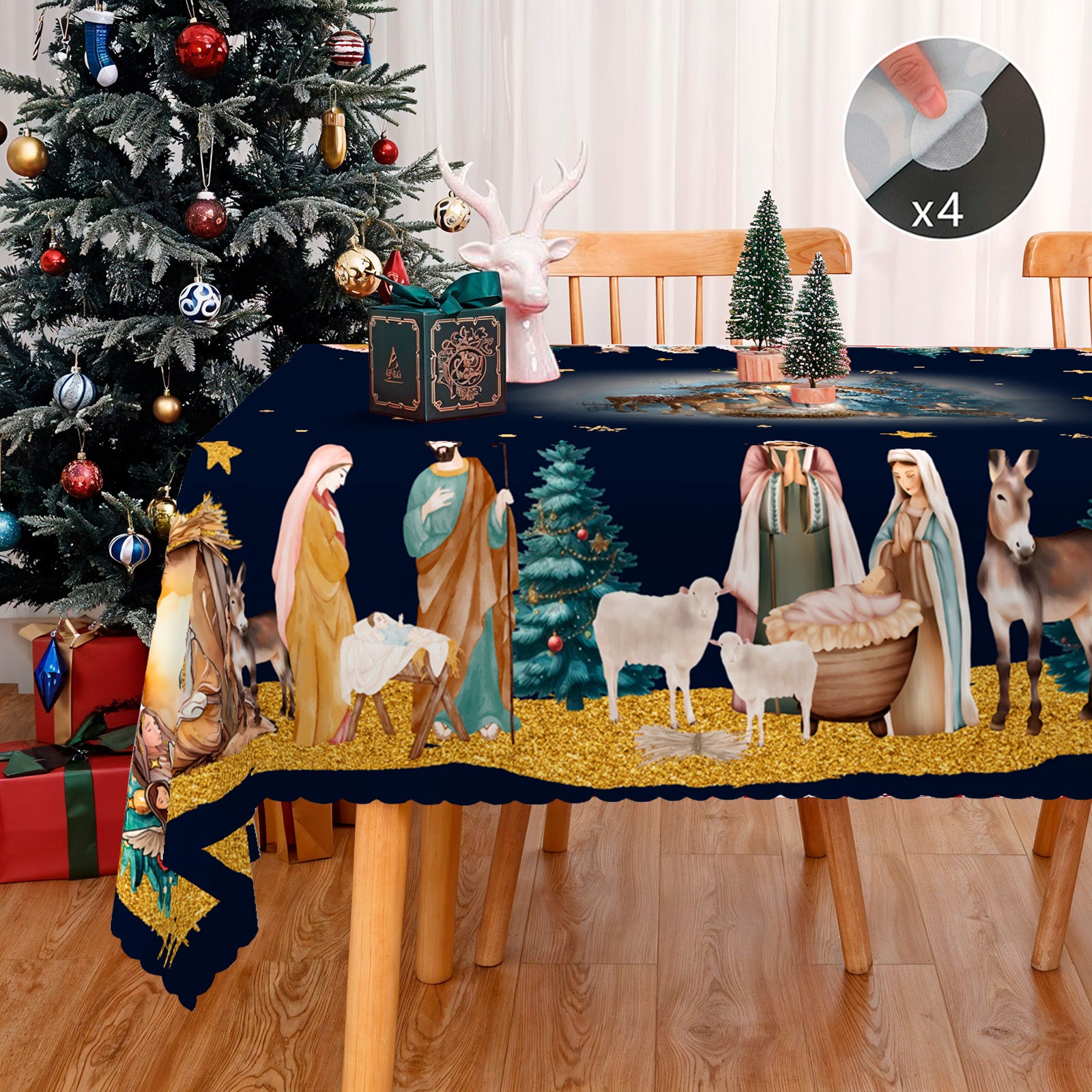 Christmas Tablecloth, Santa Claus and Christmas tree Stain-Resistant Table Cover for Dining Table Holiday Decor
