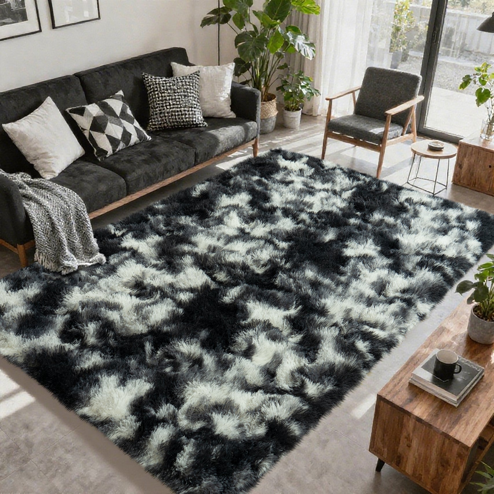 Extra Large Plush Shag Area Rug, 1.7" Thick Ultra Soft Non-Slip Tie-Dye Peacock Blue Mat