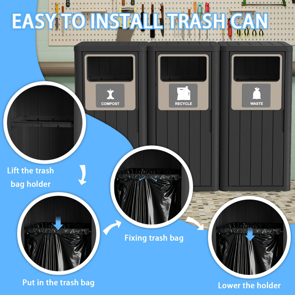 63 Gallon Outdoor Trash Bin, Resin Manual Lift Garbage & Recycling Storage Deck Box with Lid Triple-Bucket