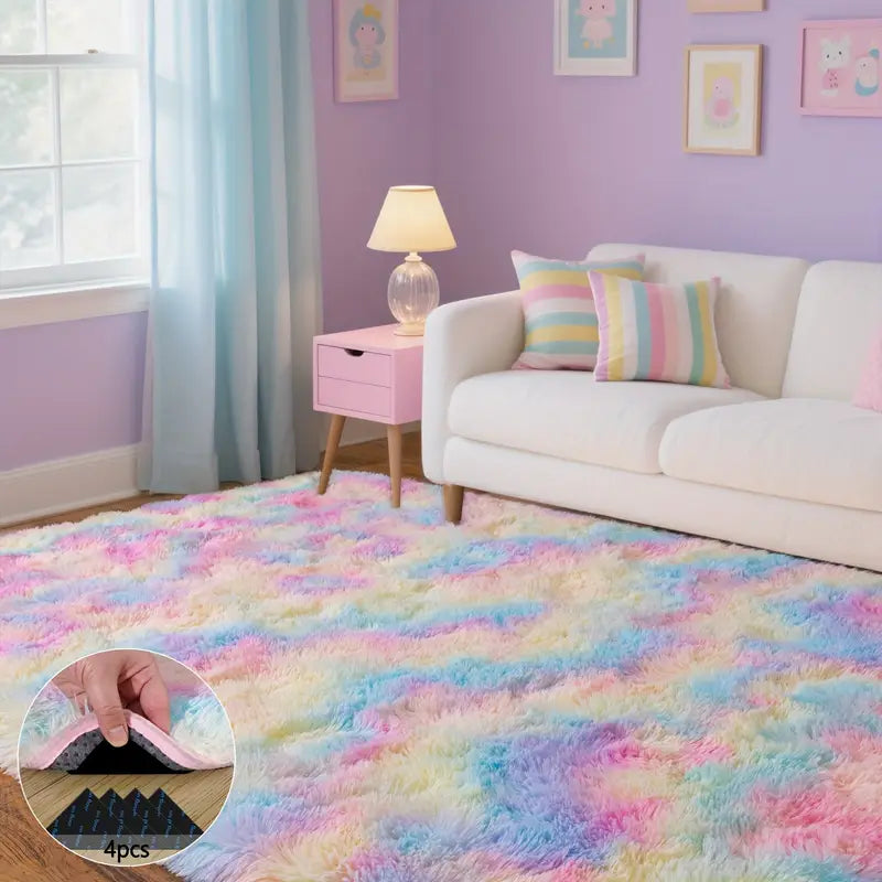 Rainbow Tie-Dye Fluffy Area Rug with Non-Slip Base & 4 Reusable Stickers, Plush Indoor Mat