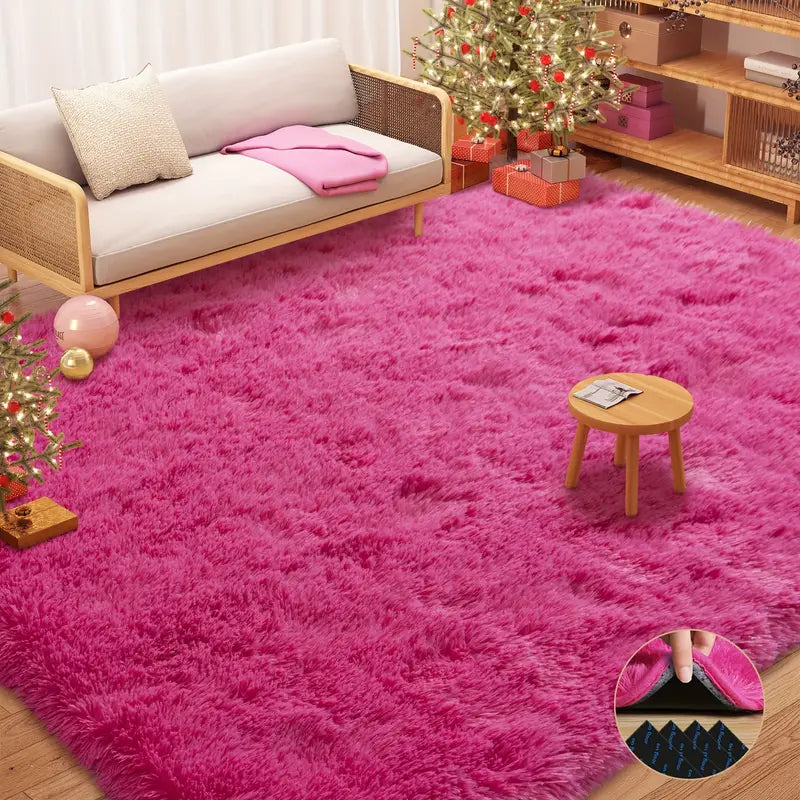 Rose Red Plush Shag Rug Extra Soft 1.7" Thick Non-Slip 100% Polyester for Bedroom or Living Room