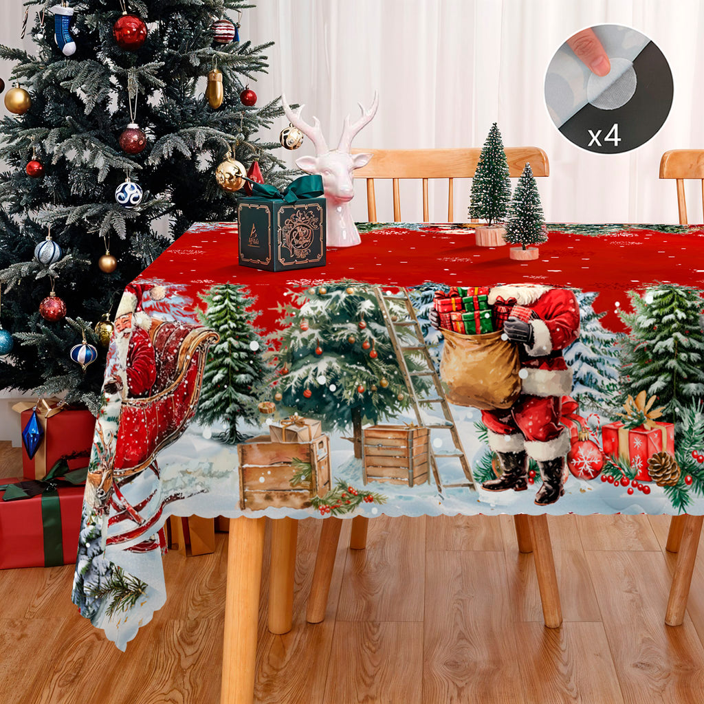 Christmas Tablecloth, Santa Claus and Christmas tree Stain-Resistant Table Cover for Dining Table Holiday Decoration