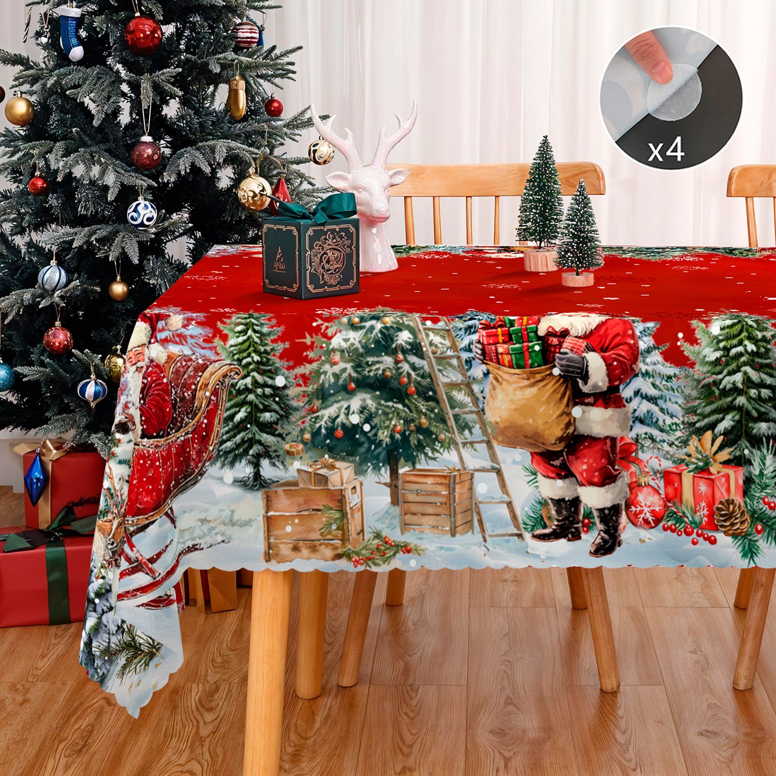 Christmas Tablecloth, Santa Claus and Christmas tree Stain-Resistant Table Cover for Dining Table Holiday Decoration