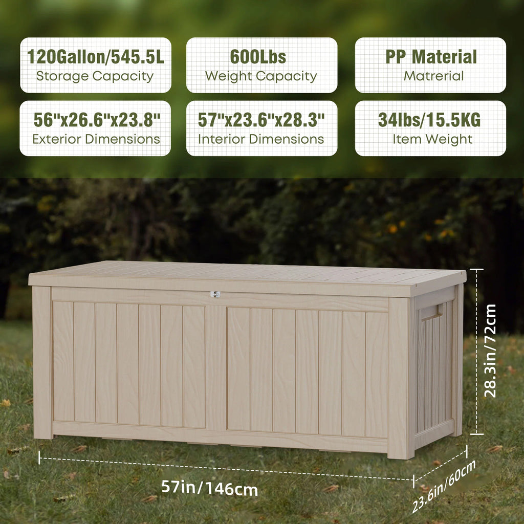 120 Gallon Outdoor Deck Box, Water-Resistant Resin Storage Box with Lockable Lid for Patio