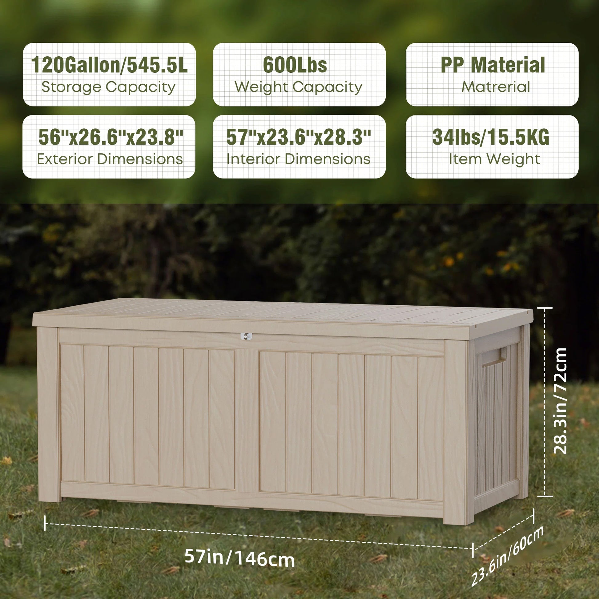 120 Gallon Outdoor Deck Box, Water-Resistant Resin Storage Box with Lockable Lid for Patio