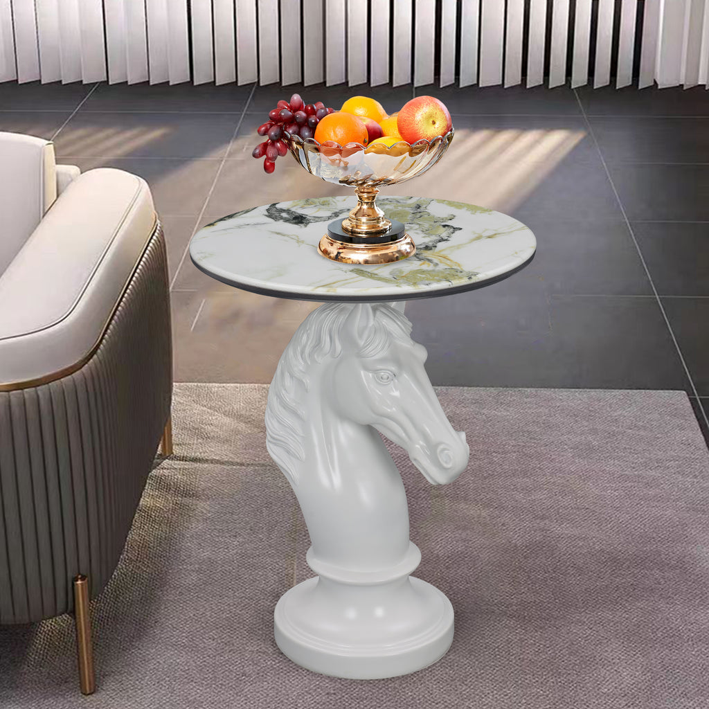 White Horse Head Accent Table, Animal Statue End Table for Living Room