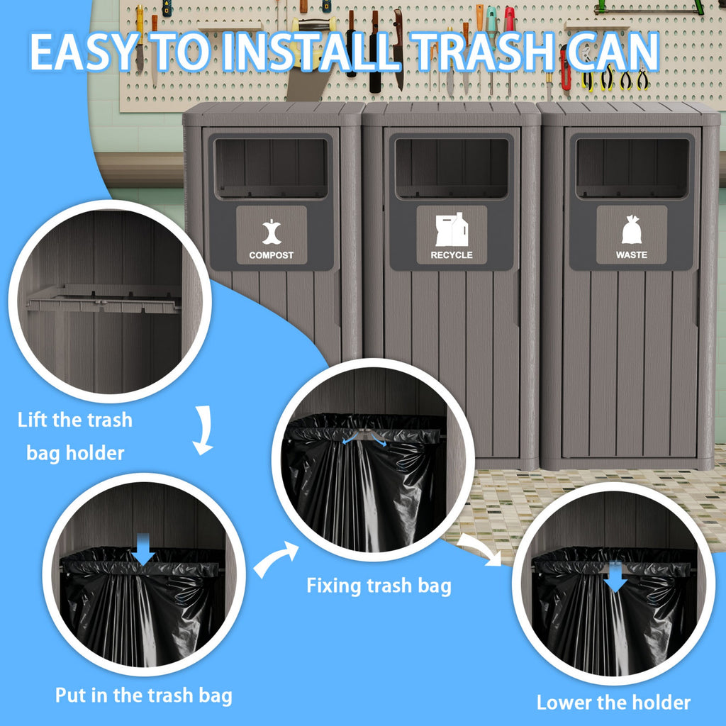 Outdoor Trash Bin, Resin Manual Lift Garbage & Recycling Storage Deck Box with Lid