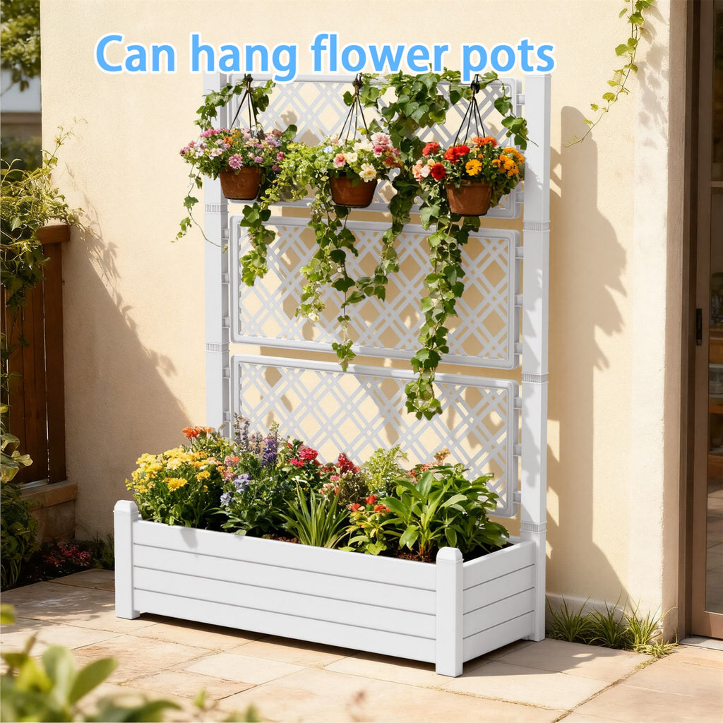 Planter Box with Trellis & Wheels, Large Raised Garden Bed, Outdoor Plastic Planter for Climbing Plants