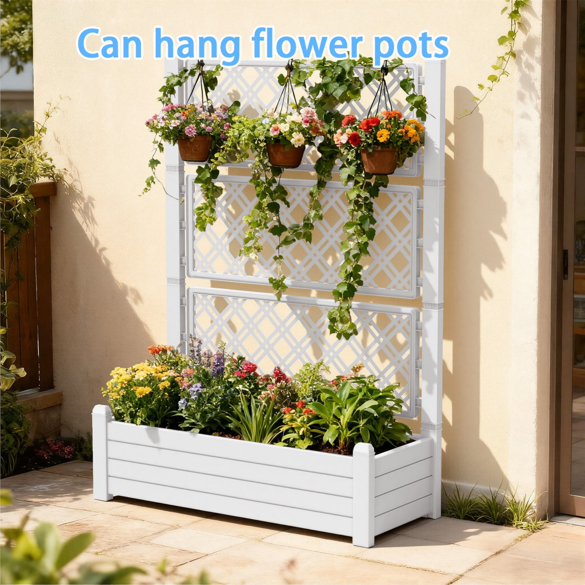 Planter Box with Trellis & Wheels, Large Raised Garden Bed, Outdoor Plastic Planter for Climbing Plants