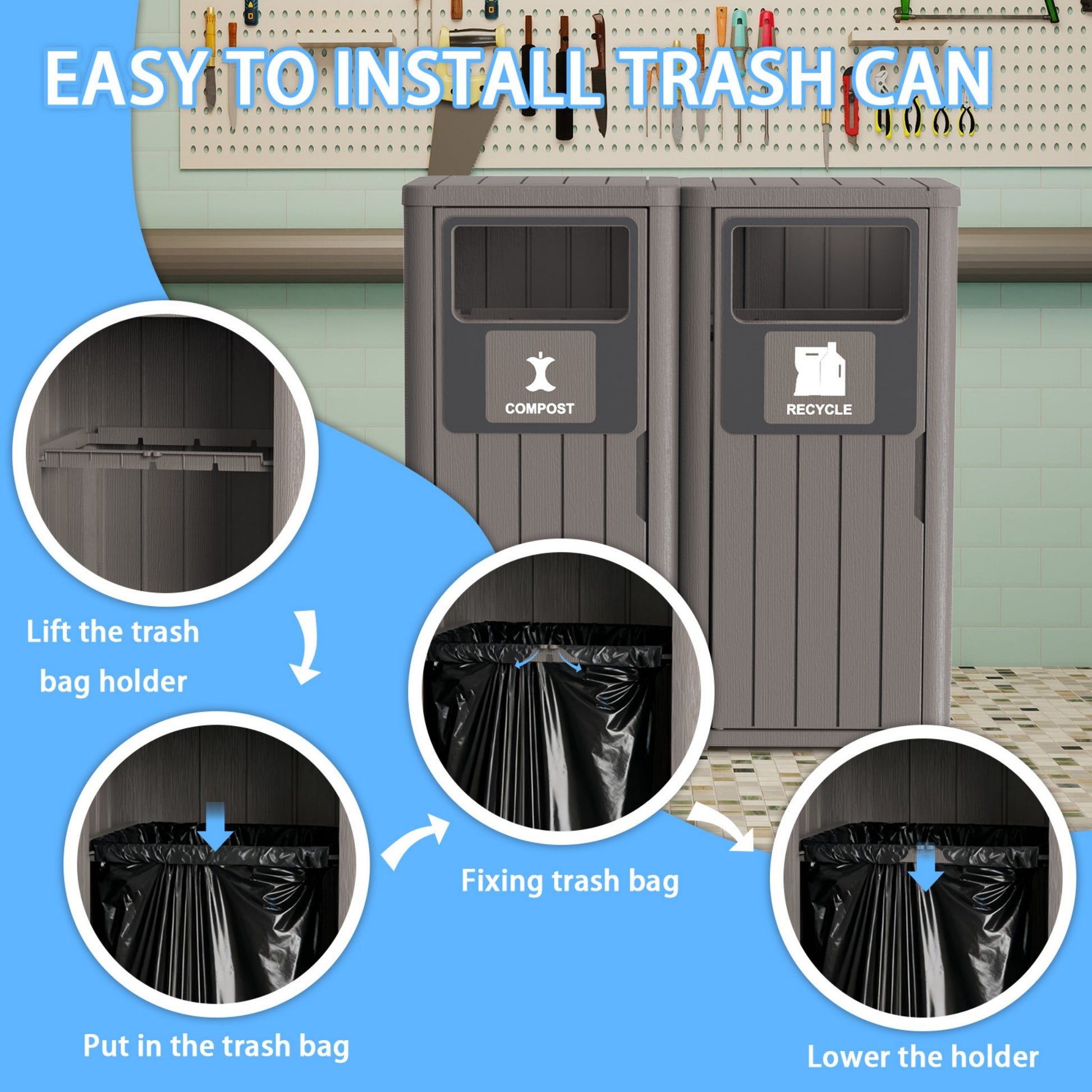 Outdoor Trash Bin, Resin Manual Lift Garbage & Recycling Storage Deck Box with Lid