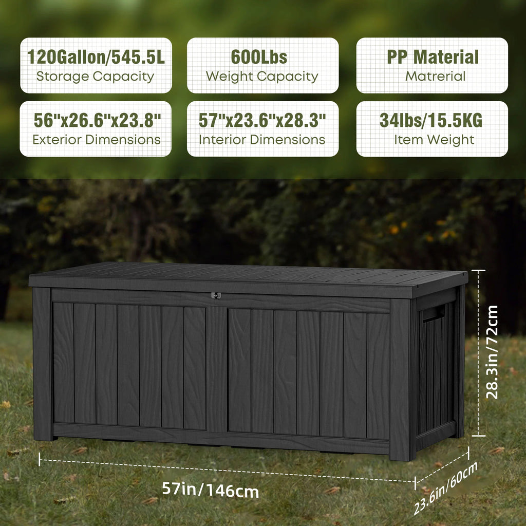 120 Gallon Outdoor Deck Box, Water-Resistant Resin Storage Box with Lockable Lid for Patio