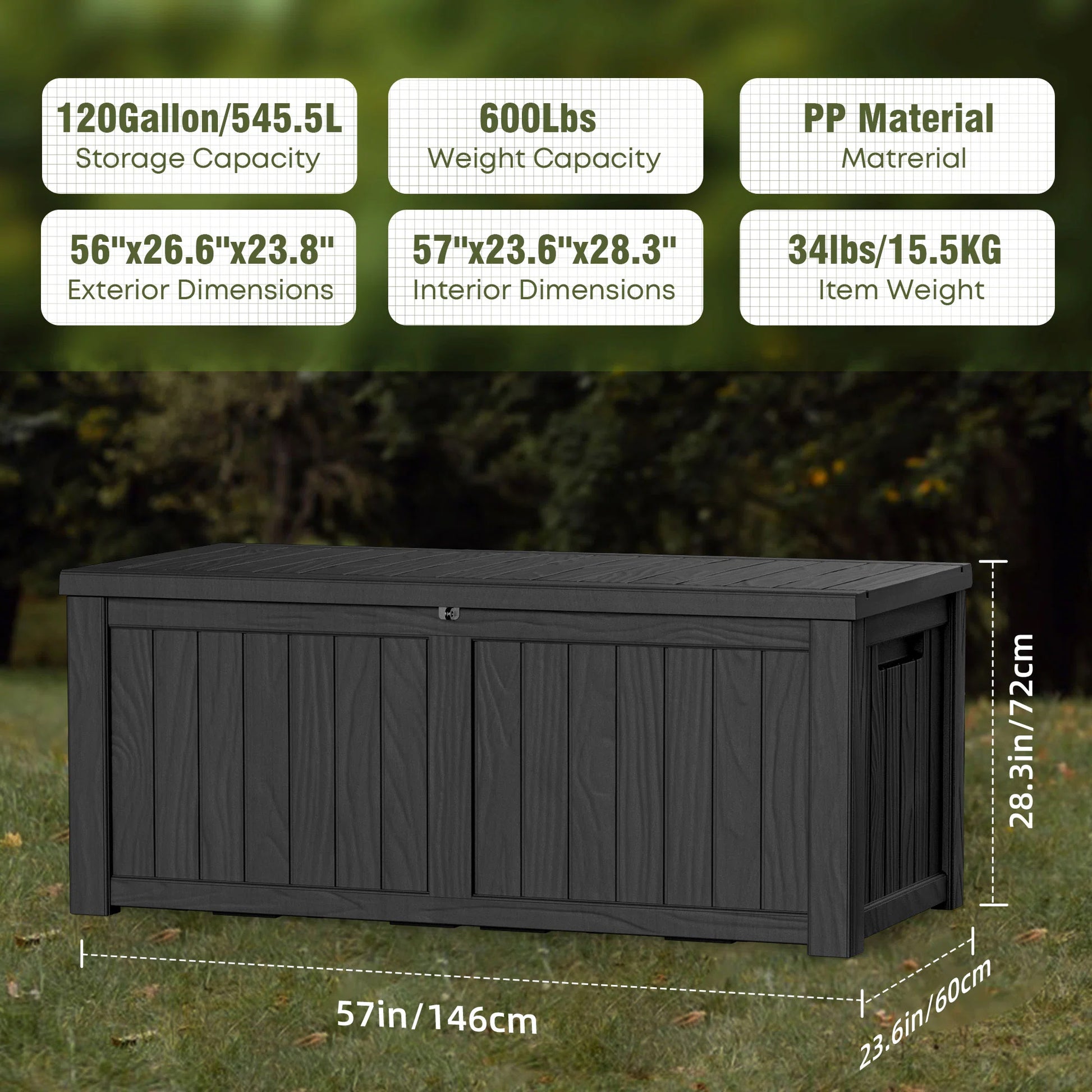 120 Gallon Outdoor Deck Box, Water-Resistant Resin Storage Box with Lockable Lid for Patio