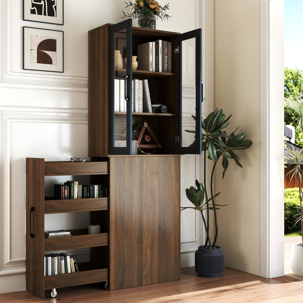 Chic Crate 70.87" Tall Display Cabinet with Glass Doors & 4‑Tier Pull‑Out Shelves – Modern Wooden Storage Bookcase Cabinet