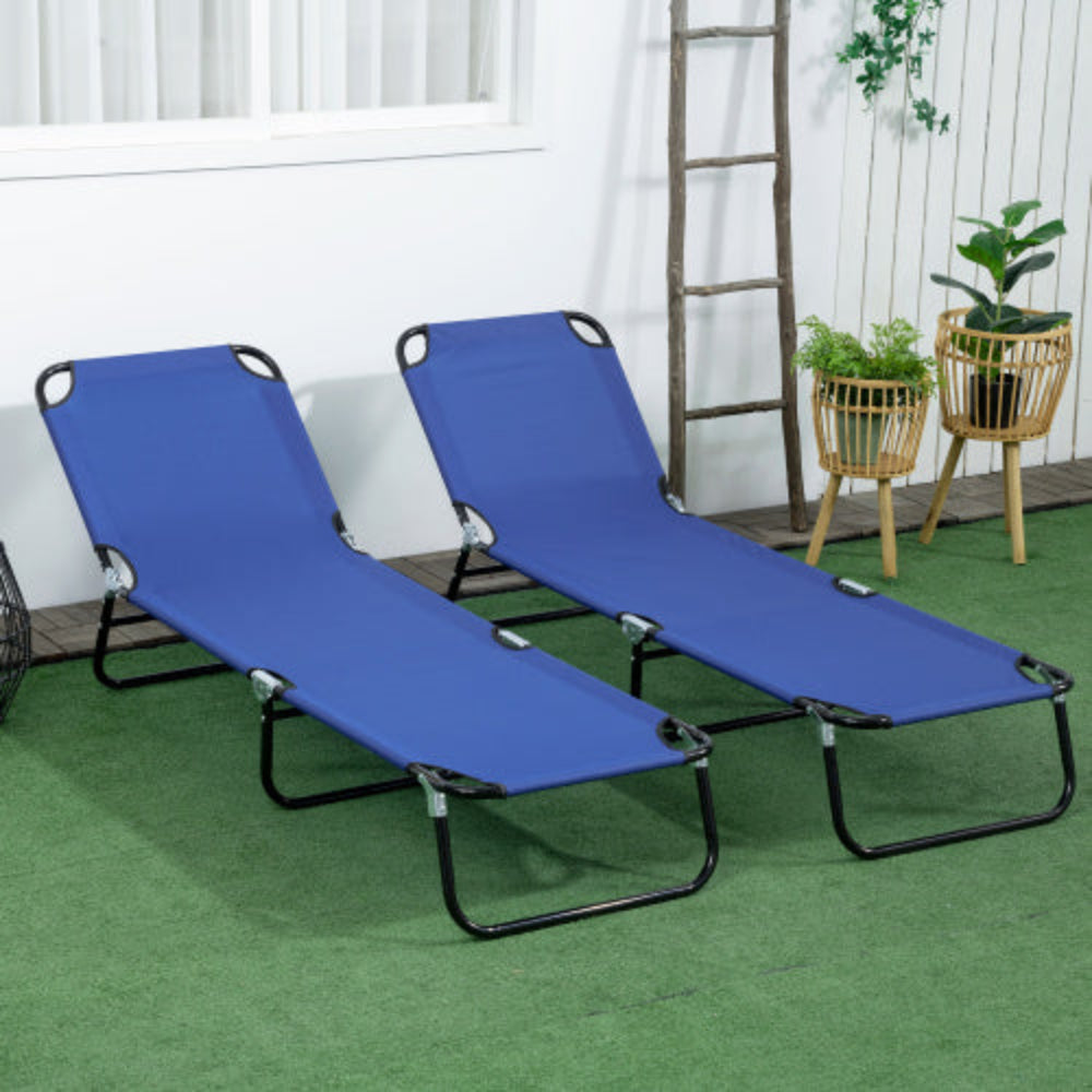 2-Piece Folding Chaise Lounge Chairs, 5-Level Reclining Back Outdoor Sun Tanning Chairs, Steel Frame for Beach Yard Patio, Blue