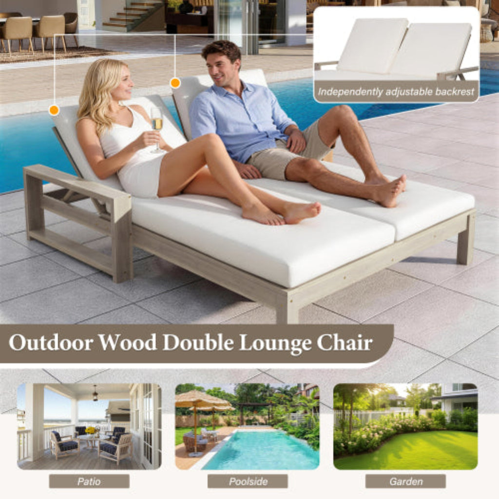 Outdoor Double Lounge Chair with Adjustable Backrest and Cushions for Patio Poolside and Garden