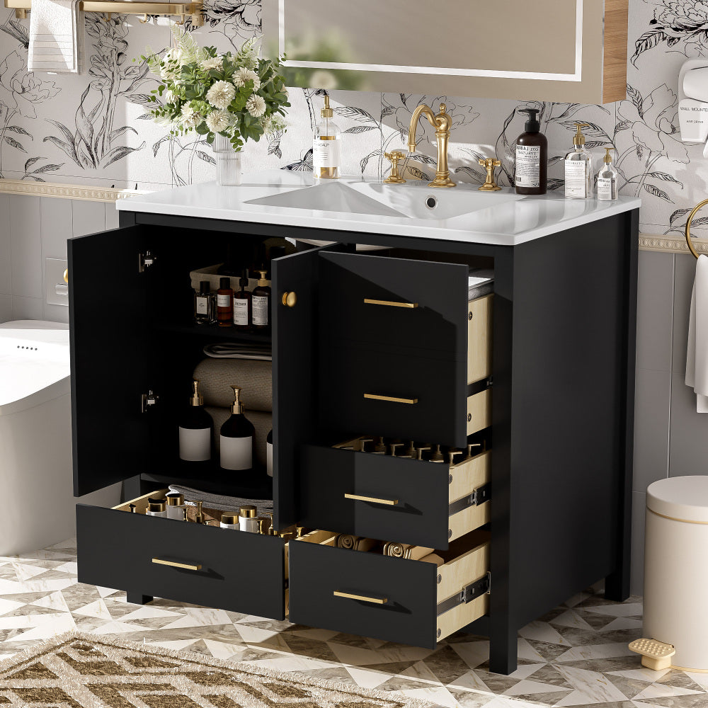 Chic Crate-36In Bathroom Vanity – Ceramic Sink w/4 Drawers & Soft-Close Doors | Solid Wood Frame | Freestanding | Black