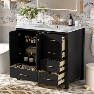 Chic Crate-36In Bathroom Vanity – Ceramic Sink w/4 Drawers & Soft-Close Doors | Solid Wood Frame | Freestanding | Black