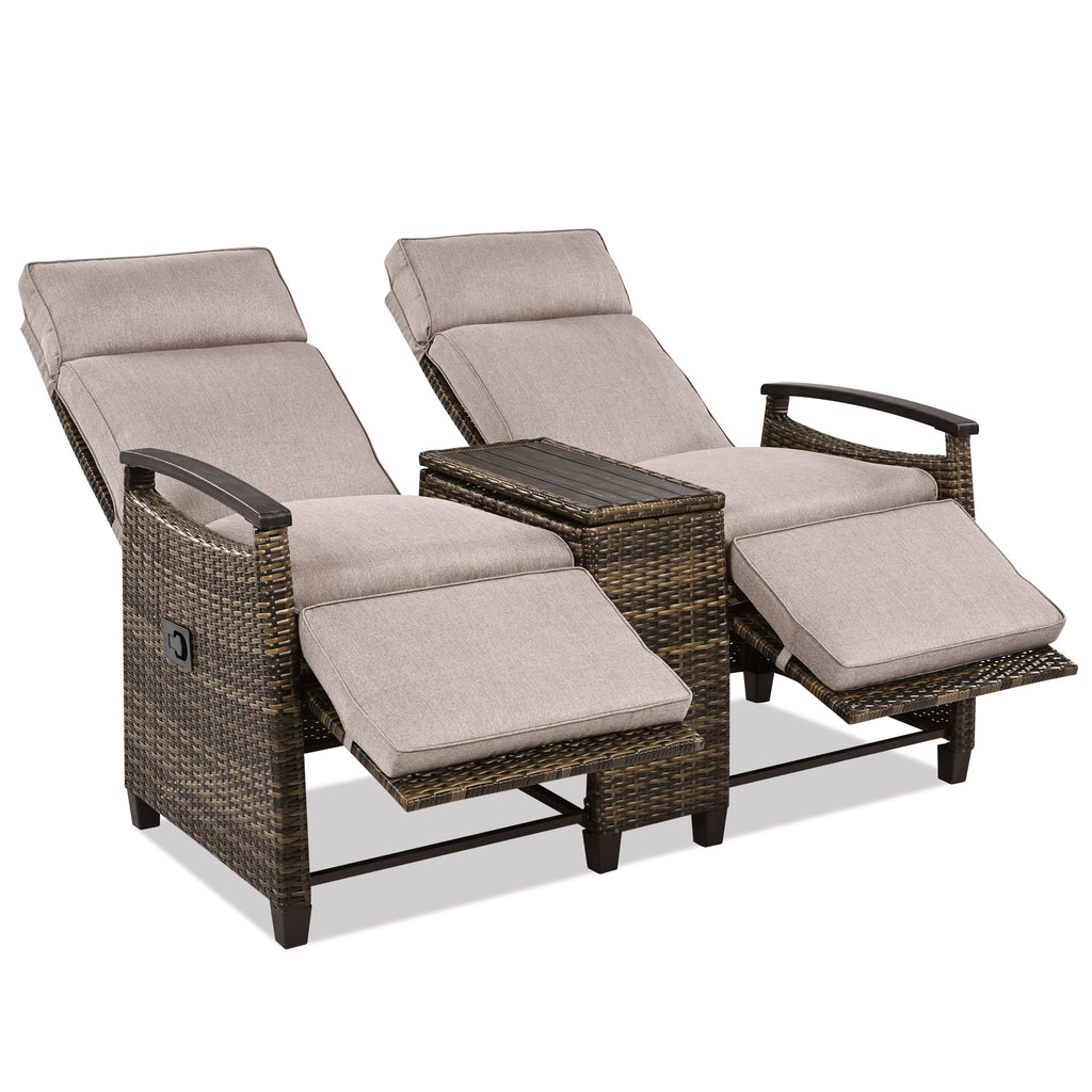 Patio Recliner Loveseat Chair, Adjustable Backrest Wicker Outdoor Lounge Chair Set with Acacia Wood Armrests and Built-in Storage Table for Balcony, Porch, Lawn, Brown