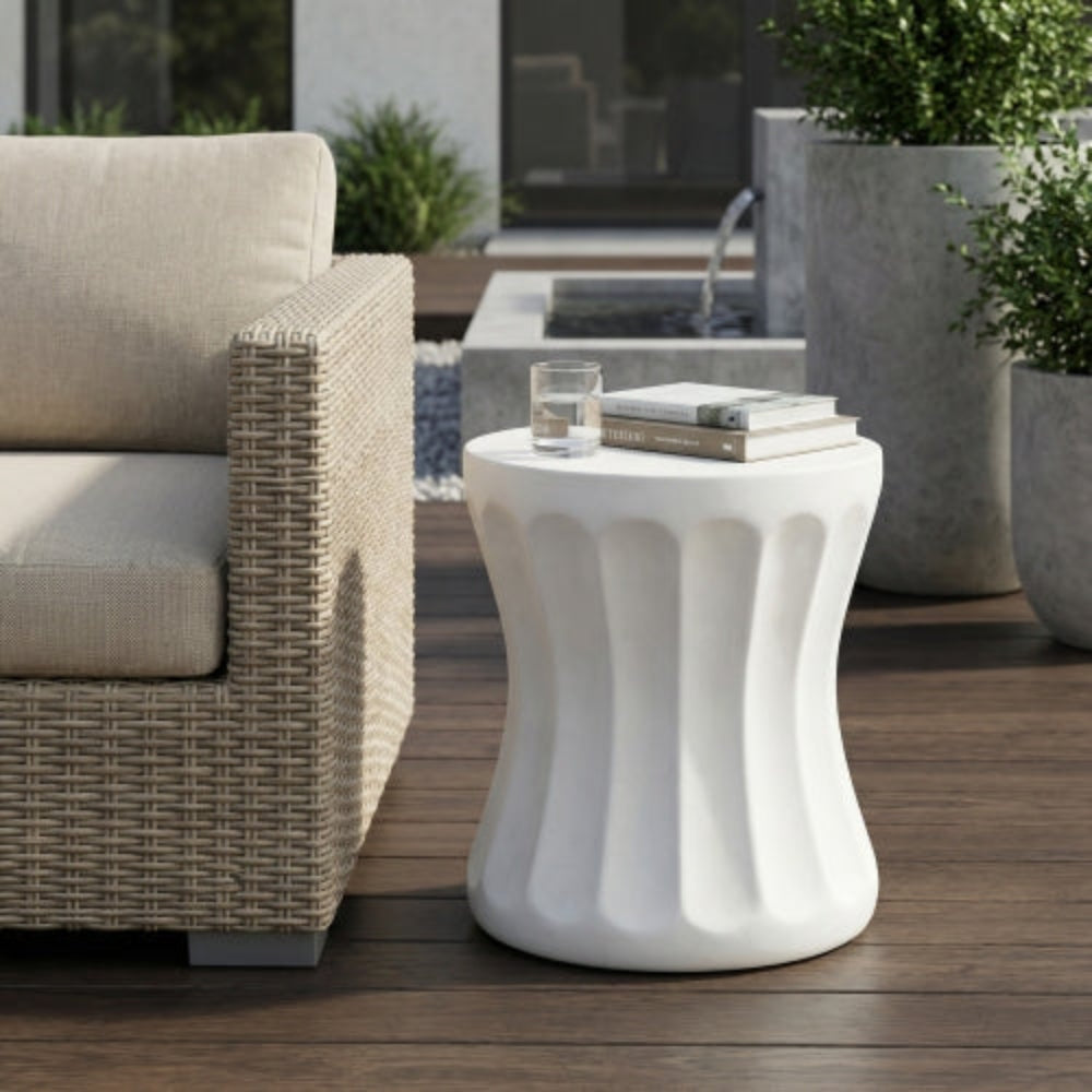 Cylindrical Outdoor Side Table, Lightweight Concrete MGO, No Assembly, Versatile for Patio & Home, 15x15x18 Inch White