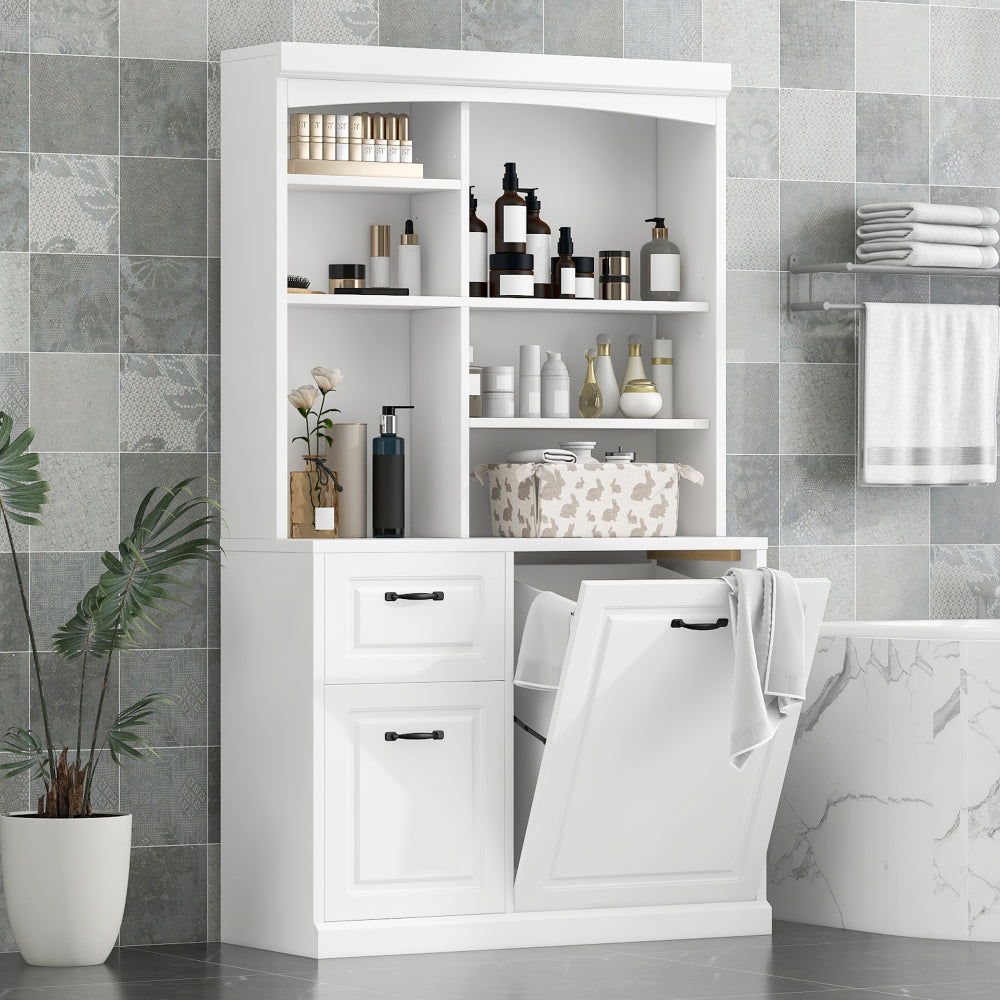 Chic Crate White Bathroom Tilt-Out Hamper Cabinet – 70.9" Tall Freestanding Organizer | Adjustable Shelves & Drawers | Steel Handles