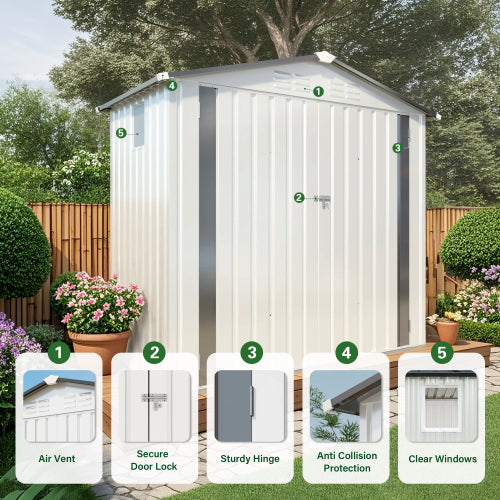 Chic Crate 6 x 3.6' Metal Storage Shed with Lockable Door Waterproof Tool Shed with Peaked Roof & Clear Window for Garden Patio - White
