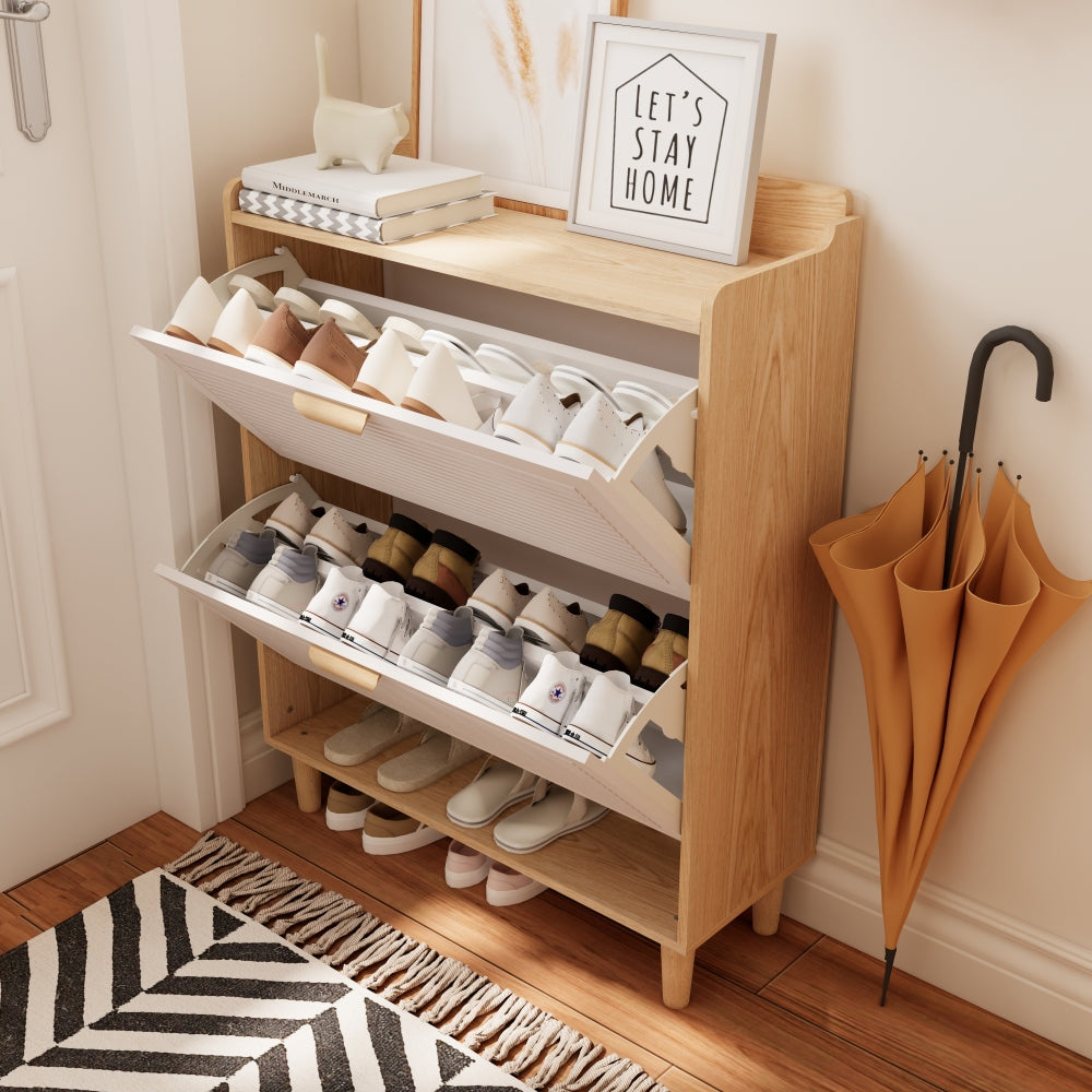 Chic Crate-31.5in Nordic Shoe Storage Cabinet – 2 Flip-Drawer Organizer | Solid Wood Legs | Entryway/Narrow | White/Solid Wood