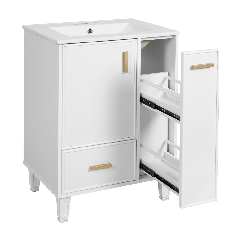 Chic Crate-24" Modern Bathroom Vanity – Sink & Deep Drawer | 2-Tier Pull-Out Basket | Solid Wood Frame | White