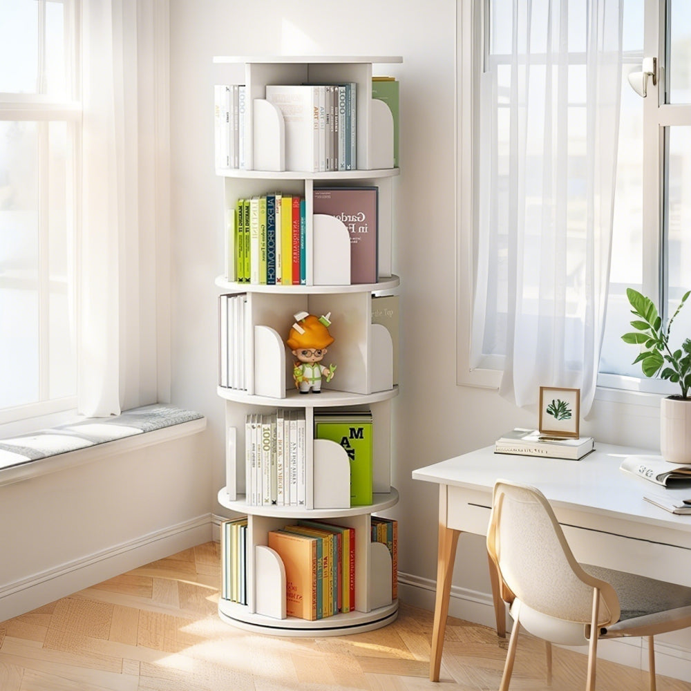 Chic Crate-5-Tier Rotating Bookshelf – 360° Display | Space-Saver | Warm White | Bedroom/Living Room/Office