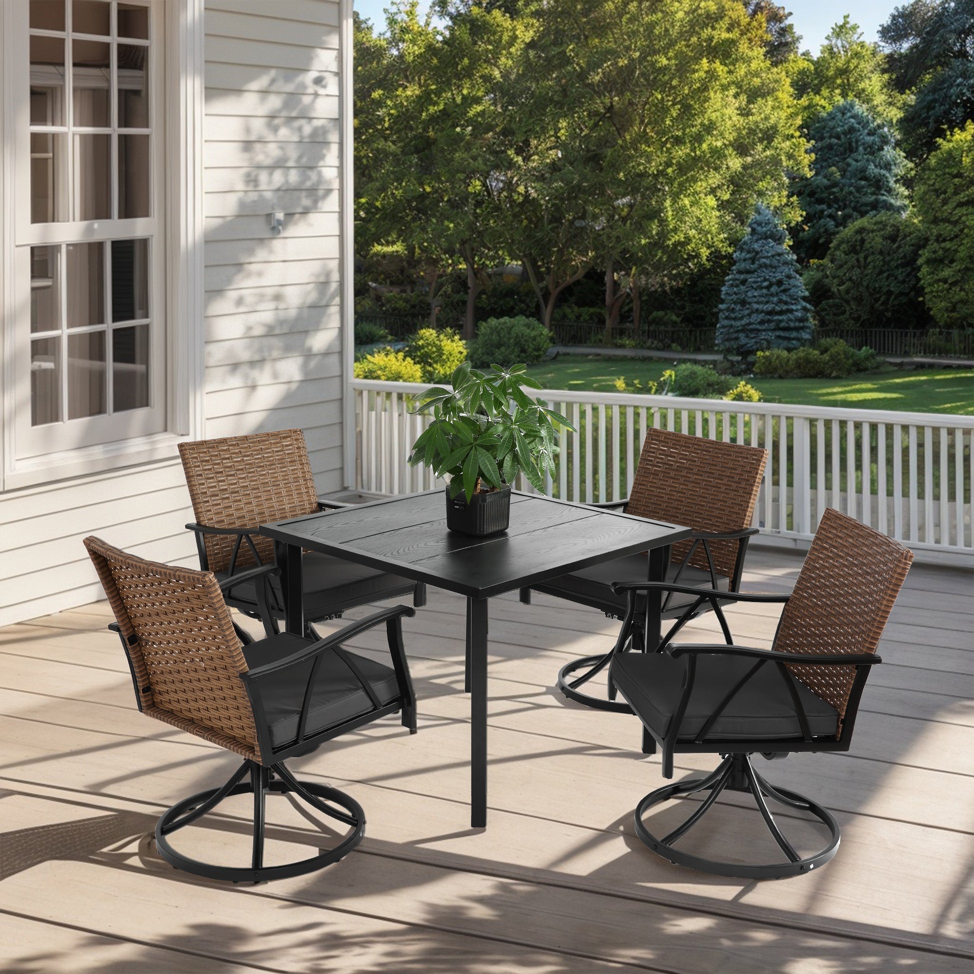 5 Piece Outdoor Wicker Patio Dining Set with Swivel Rocker Chairs for Backyard Garden Deck Poolside