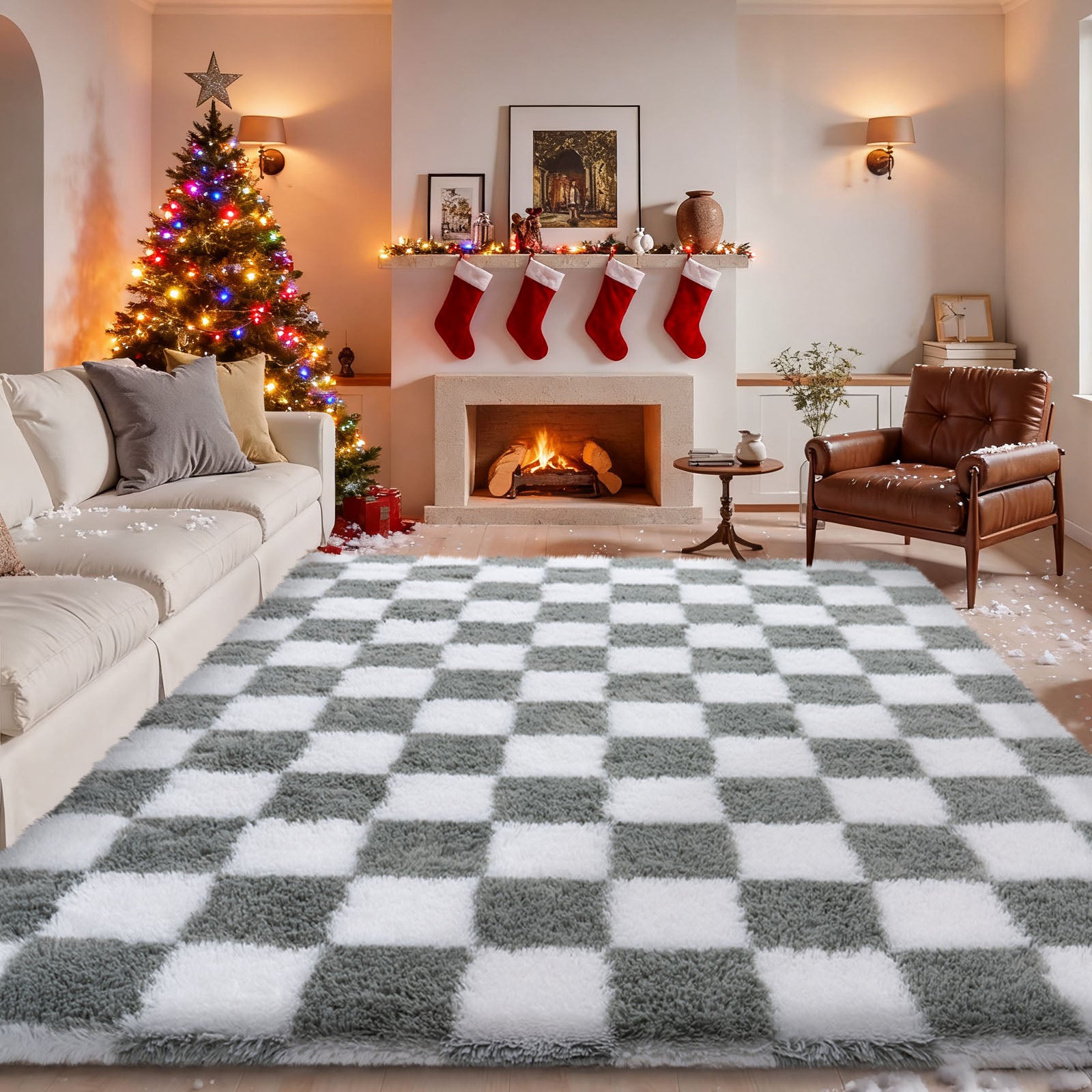 5x7 Feet Checkered Area Rugs For Living Room, Black Modern Super Soft Fluffy Rugs for Bedroom Home Aesthetic Decor