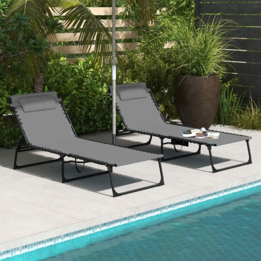 Folding Chaise Lounge Set, 5-Level Reclining Outdoor Tanning Chair with Padded Seat, Side Pocket and Headrest for Beach, Yard, Patio, Gray