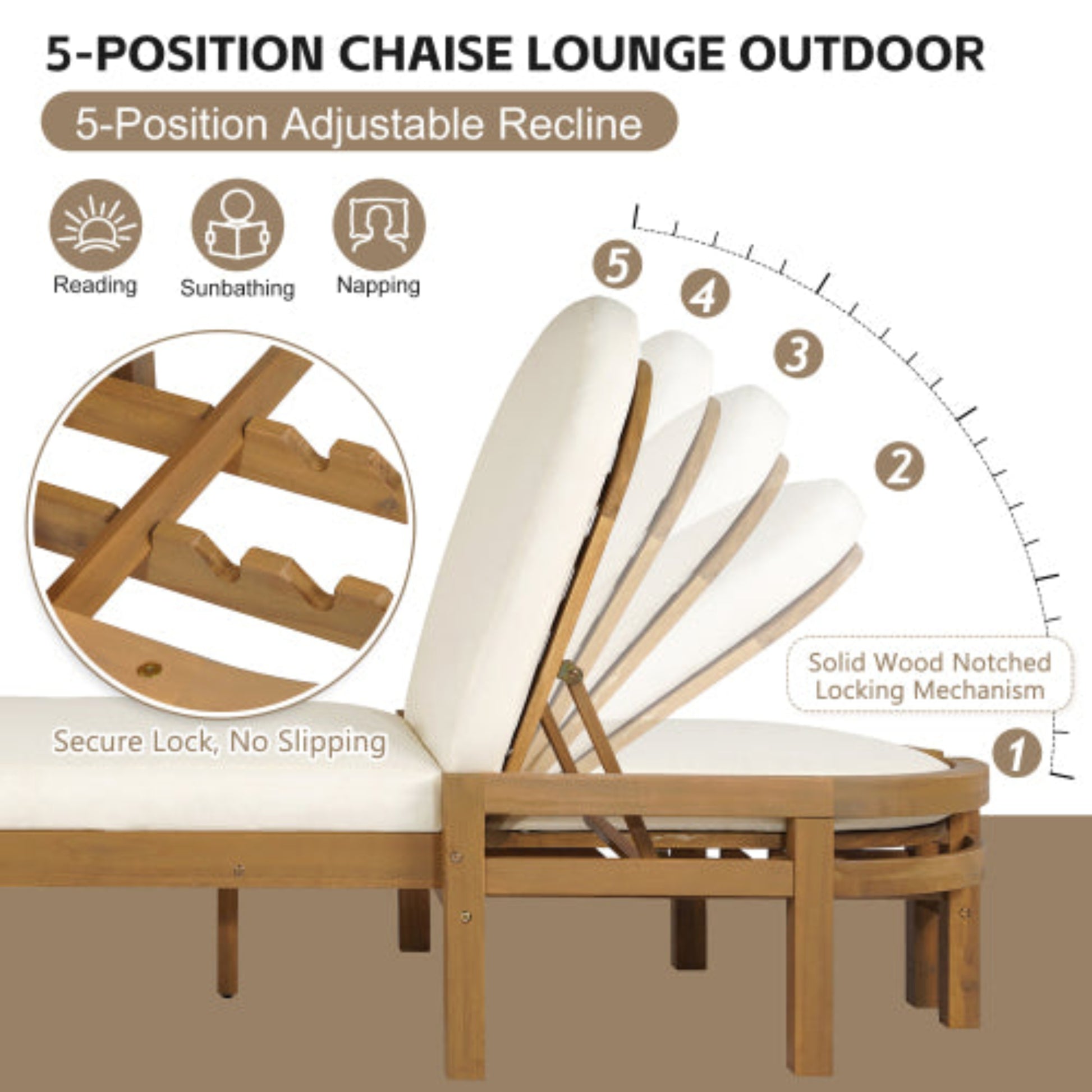 Outdoor Chaise Lounge Premium Acacia Wood Recliner with Arched Backrest for Patio and Poolside