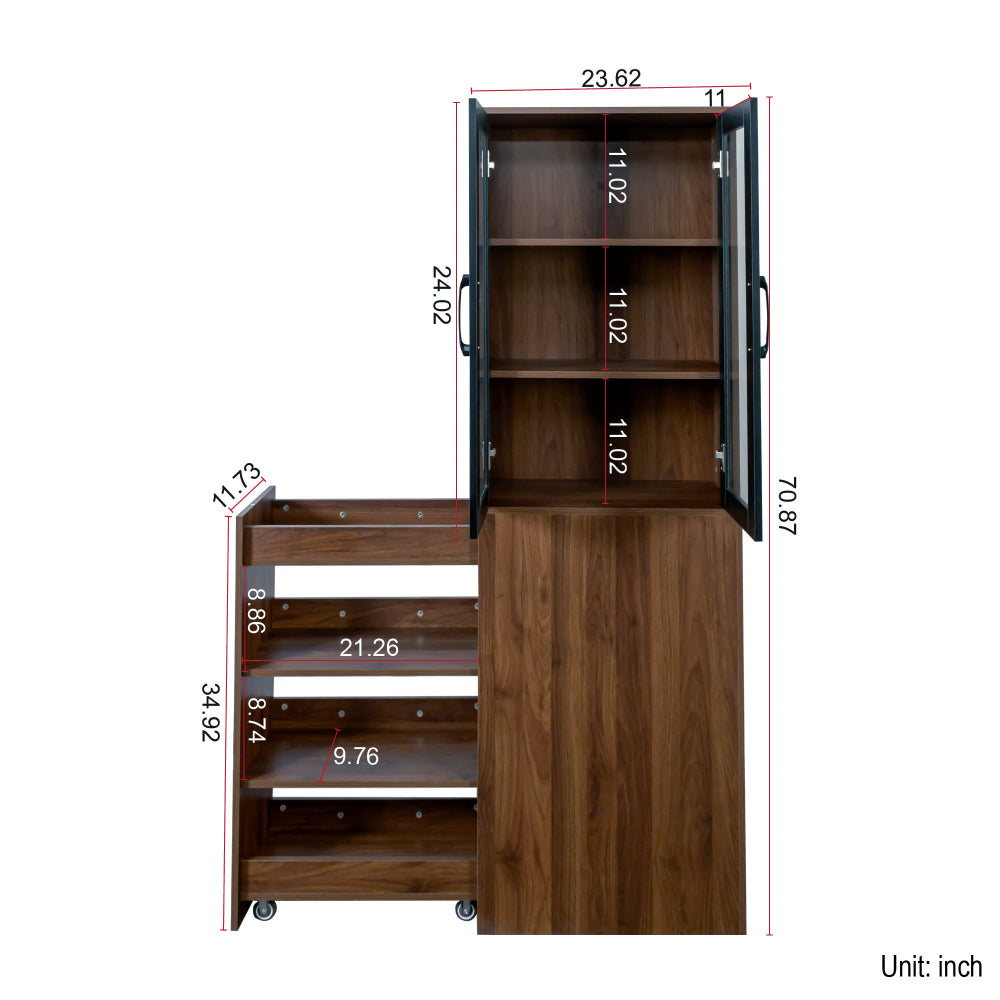 Chic Crate 70.87" Tall Display Cabinet with Glass Doors & 4‑Tier Pull‑Out Shelves – Modern Wooden Storage Bookcase Cabinet