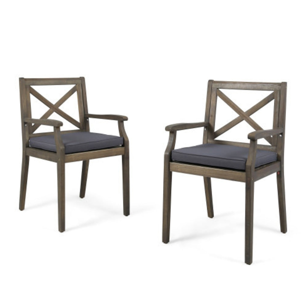 Acacia Wood Outdoor Dining Chairs with Water-Resistant Grey Cushions (Set of 2)
