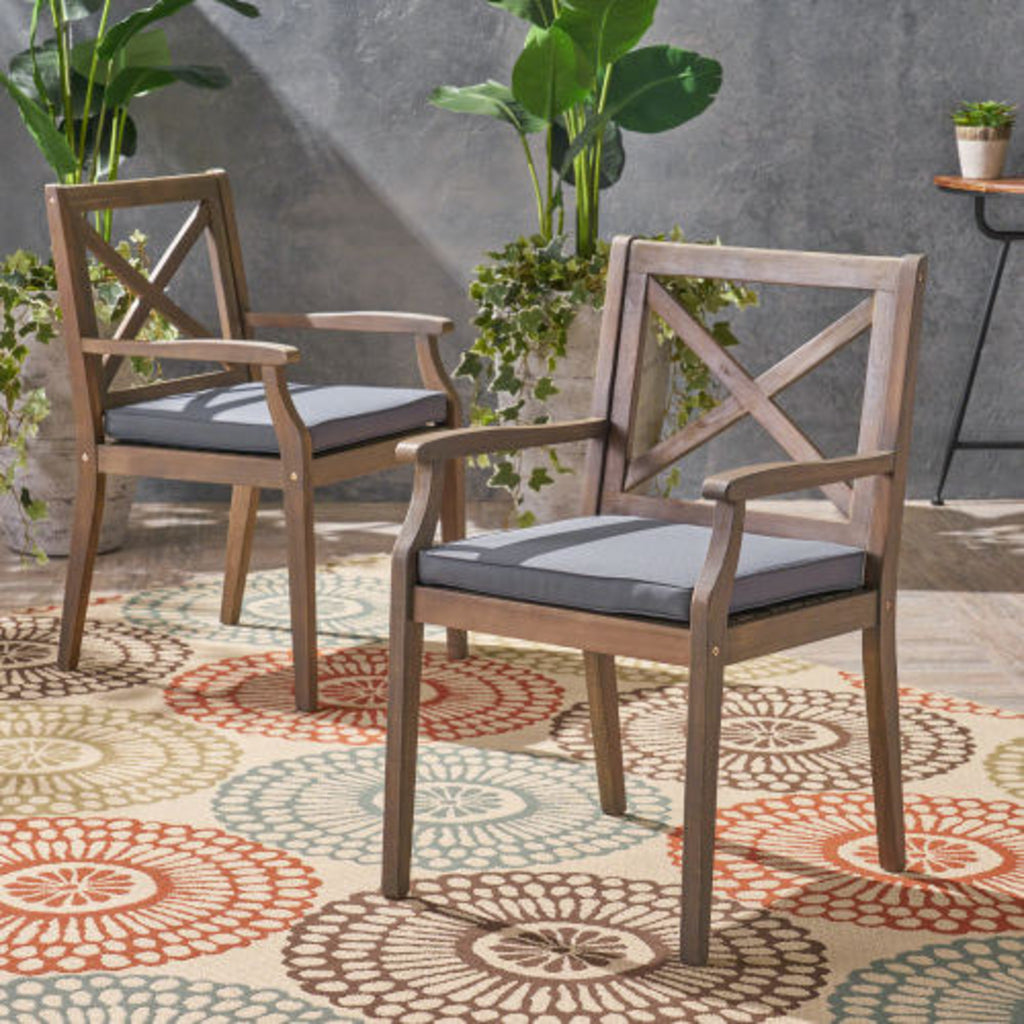 Acacia Wood Outdoor Dining Chairs with Water-Resistant Grey Cushions (Set of 2)
