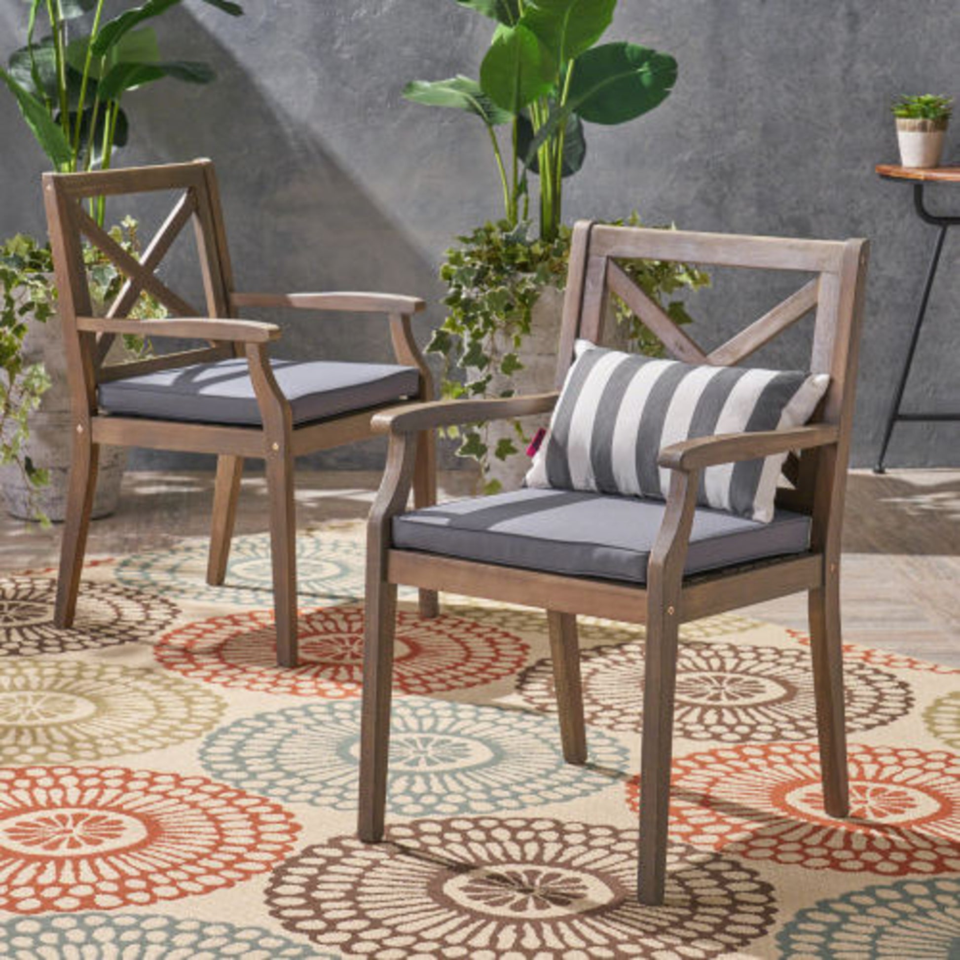 Acacia Wood Outdoor Dining Chairs with Water-Resistant Grey Cushions (Set of 2)